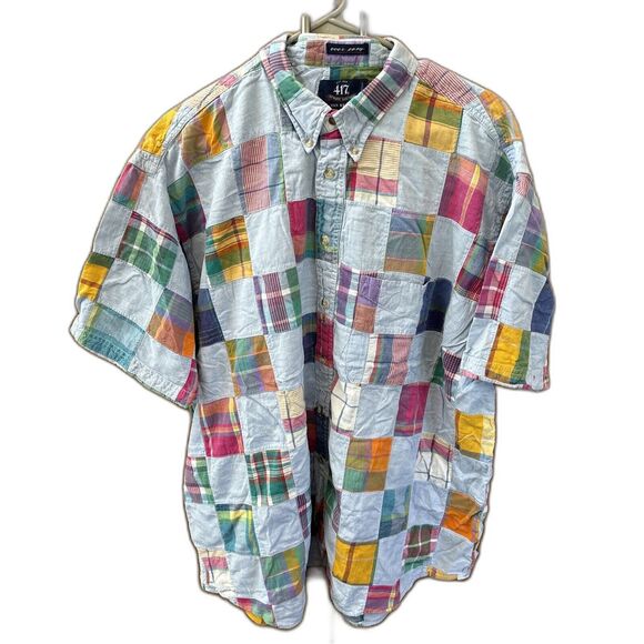 Van Heusen Other - 417 Van Heusen Men XL Blue Madras Plaid Patchwork Short Sleeve Shirt Cotton